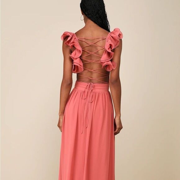 Lulus Soiree Celebration Rusty Rose Ruffled Lace-Up Maxi Dress Size Medium NEW - Picture 8 of 12